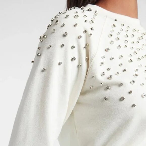 Express Womens Sz L Neutral Rhinestone Embellished Crew Neck Fleece Sweatshirt - Picture 4 of 10